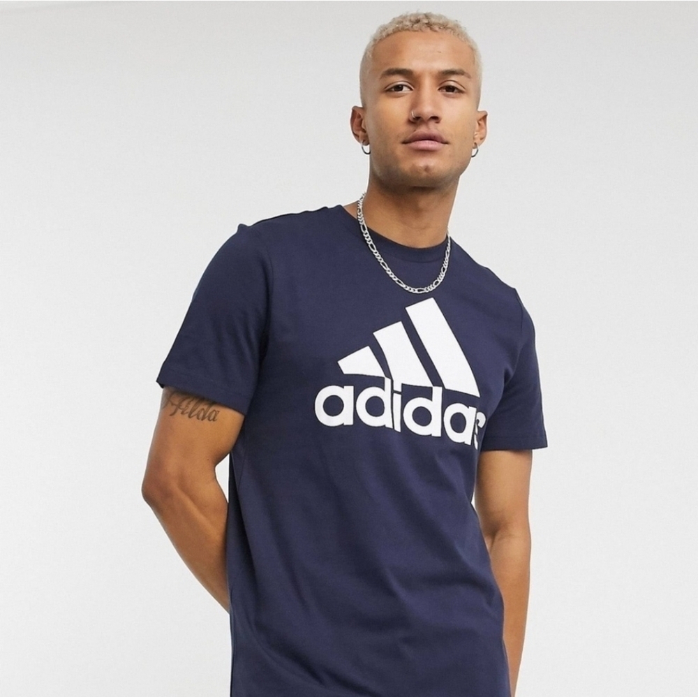 NWT Adidas Amplifier Basic Bos Tee Size Large Navy Blue & White 100% Cotton - Picture 2 of 16